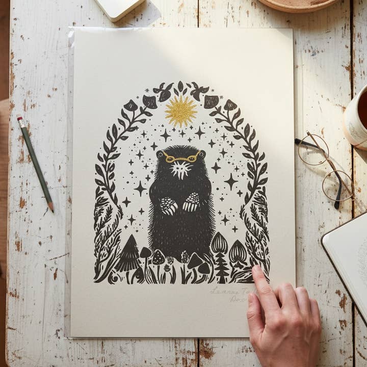 Linoleumtryk Stil Stjernemuldvarp Folkekunst Print, A4 Størrelse for engroshandel hos Spirit of Lemuria