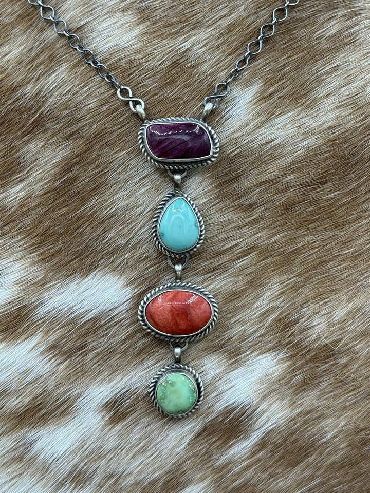 Navajo Handmade Sterling Silver Multi Color Mixed Stone Lariat Necklace 18” for wholesale by Native City Jewelry