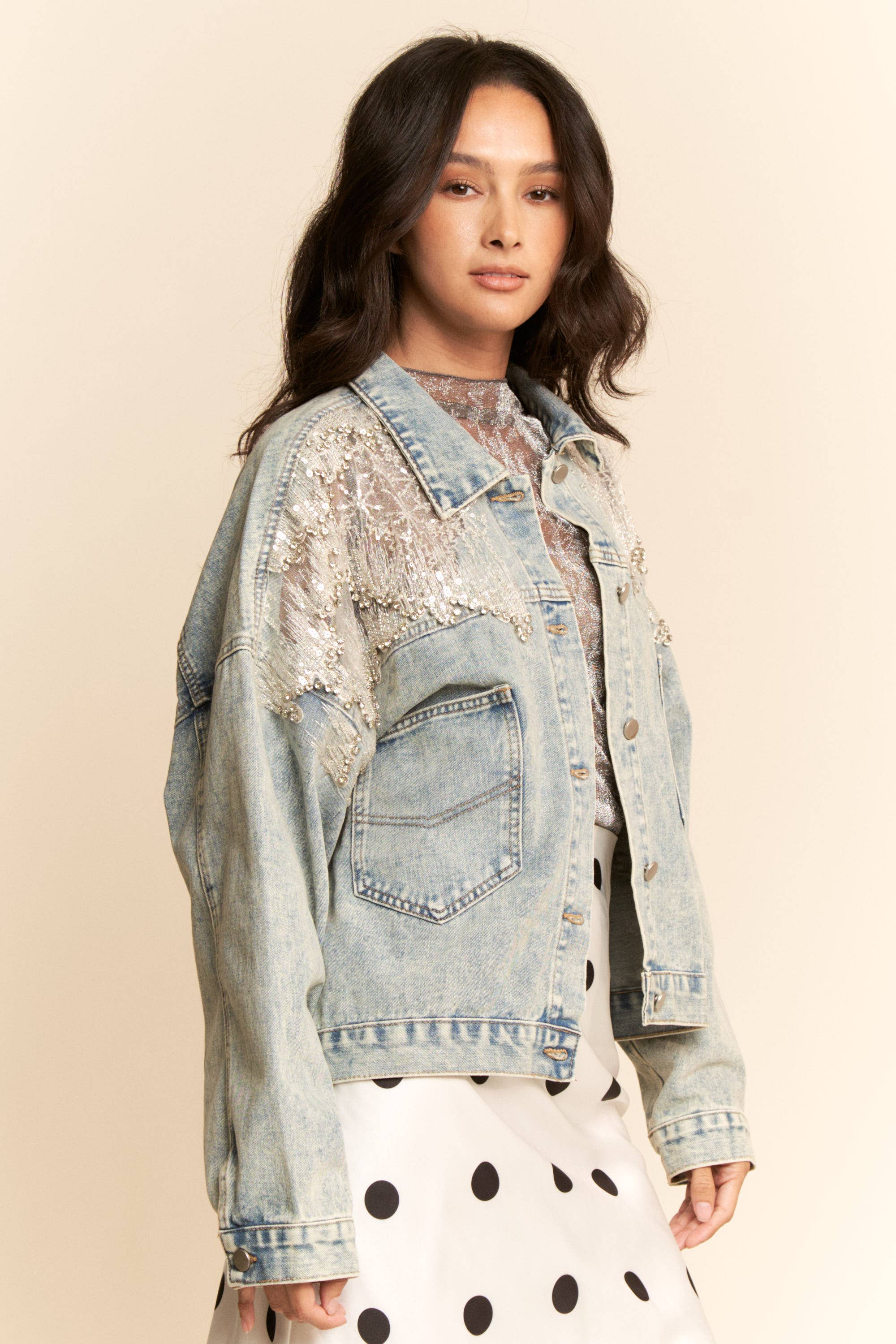 MESH STITCHING BUTTON DOWN DENIM JACKET for wholesale on Faire2
