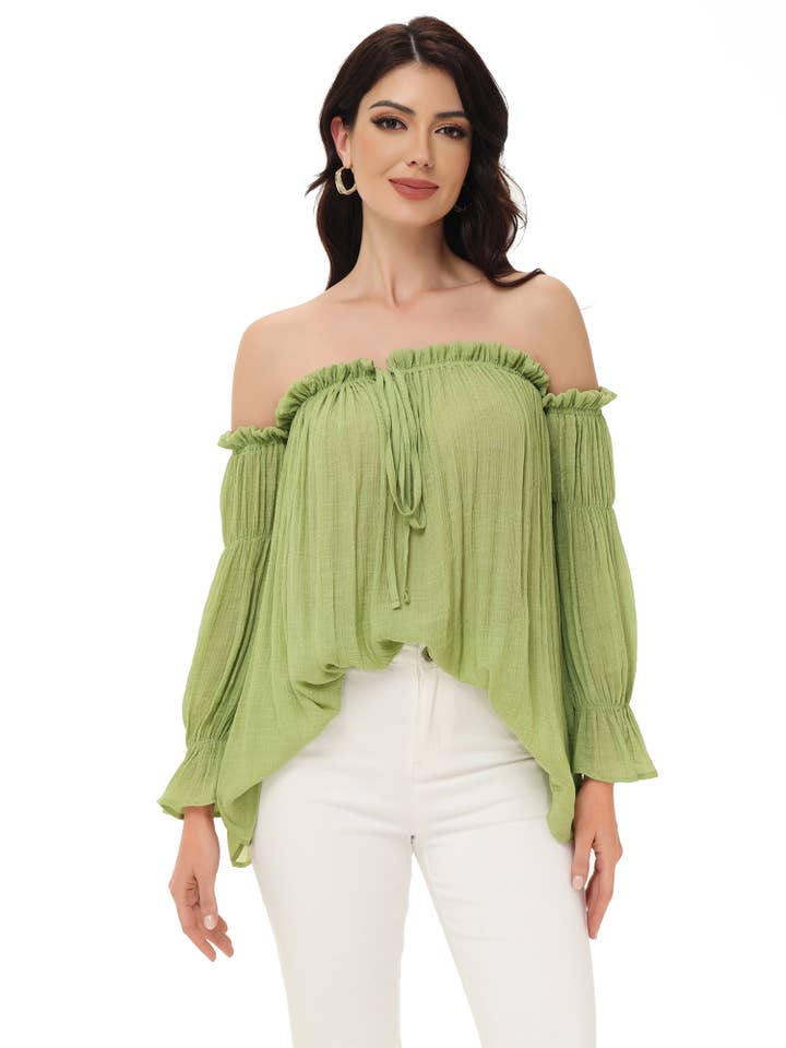 Anna Kaci Wholesale - Wholesale Blouse - Women's - Semi Sheer Boho Peasant Off the Shoulder Top61