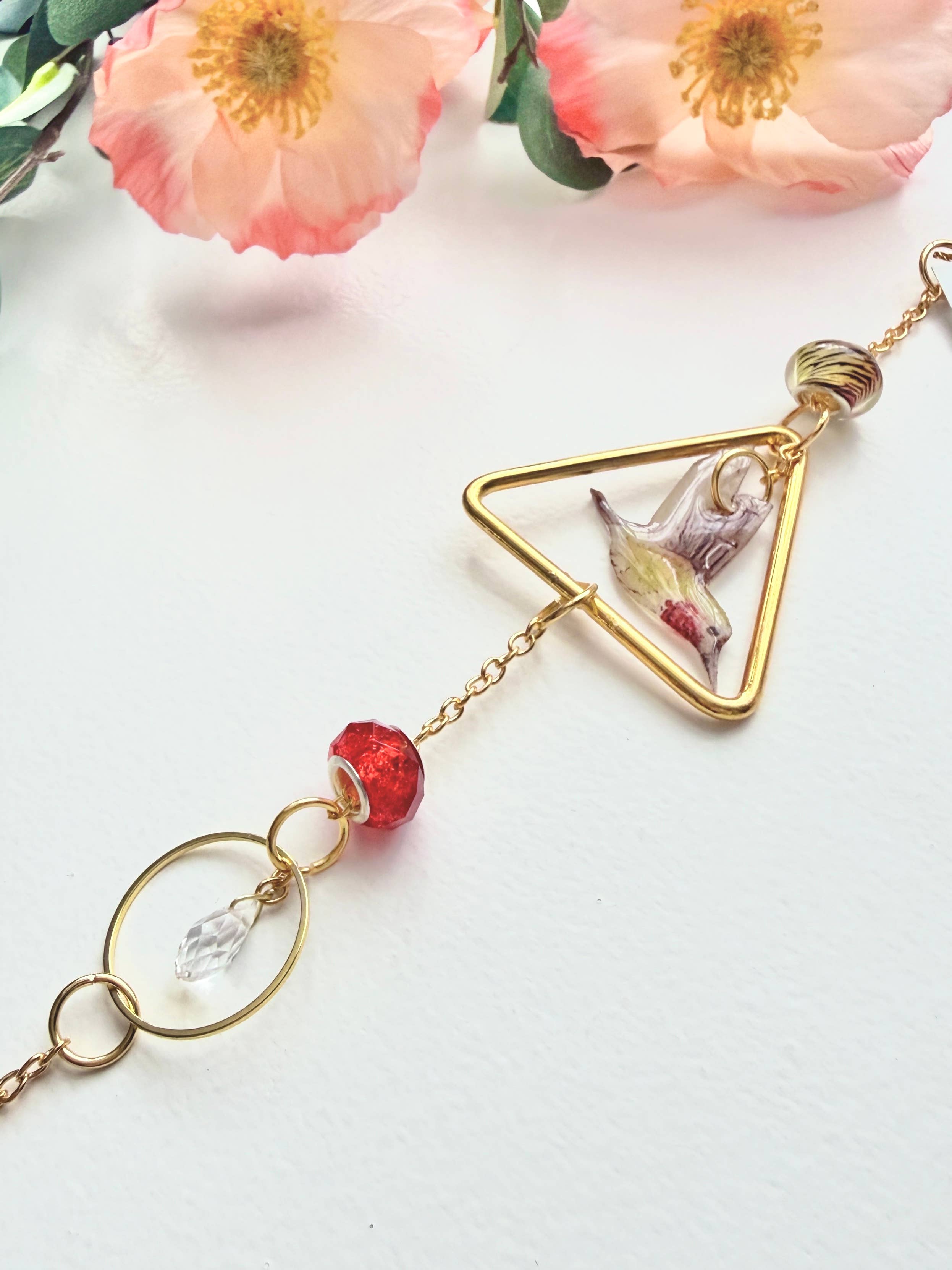 D. Prince Designs - Wholesale Suncatcher - Handmade + Hand-Illustrated Hummingbird Suncatcher with Green and Red Beads1