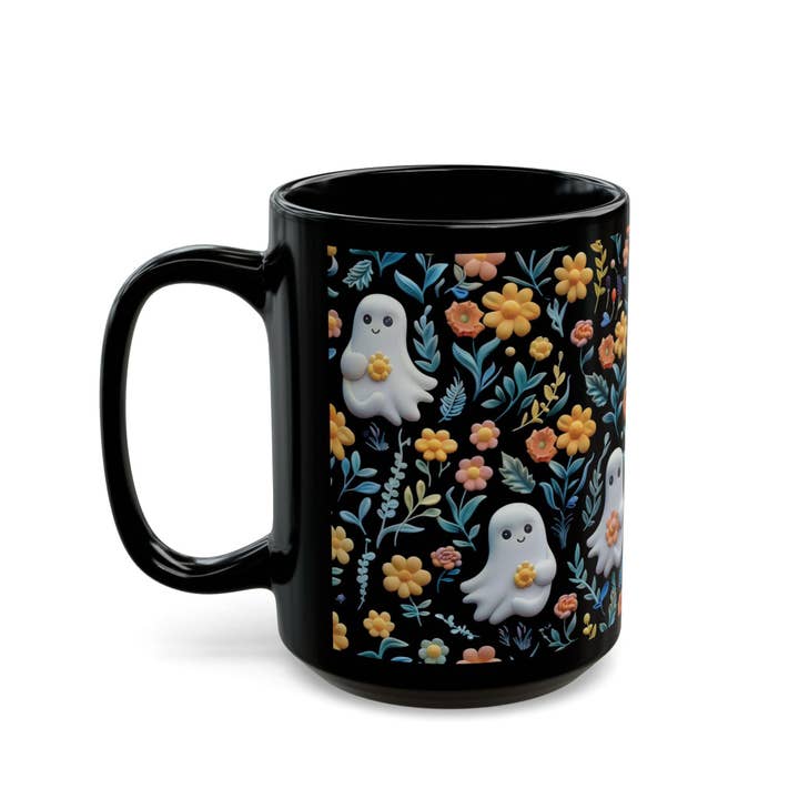 NVC Ecommerce LLC - Wholesale Coffee Mug - Vintage Floral Ghost Coffee Mug, Halloween Black Coffee Cup4