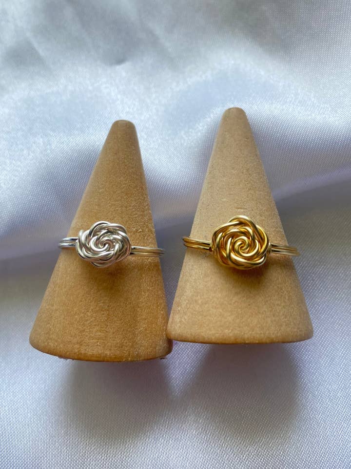 Wire-wrapped rose rings, handcrafted flower stacking rings for wholesale by Manifest Harmony