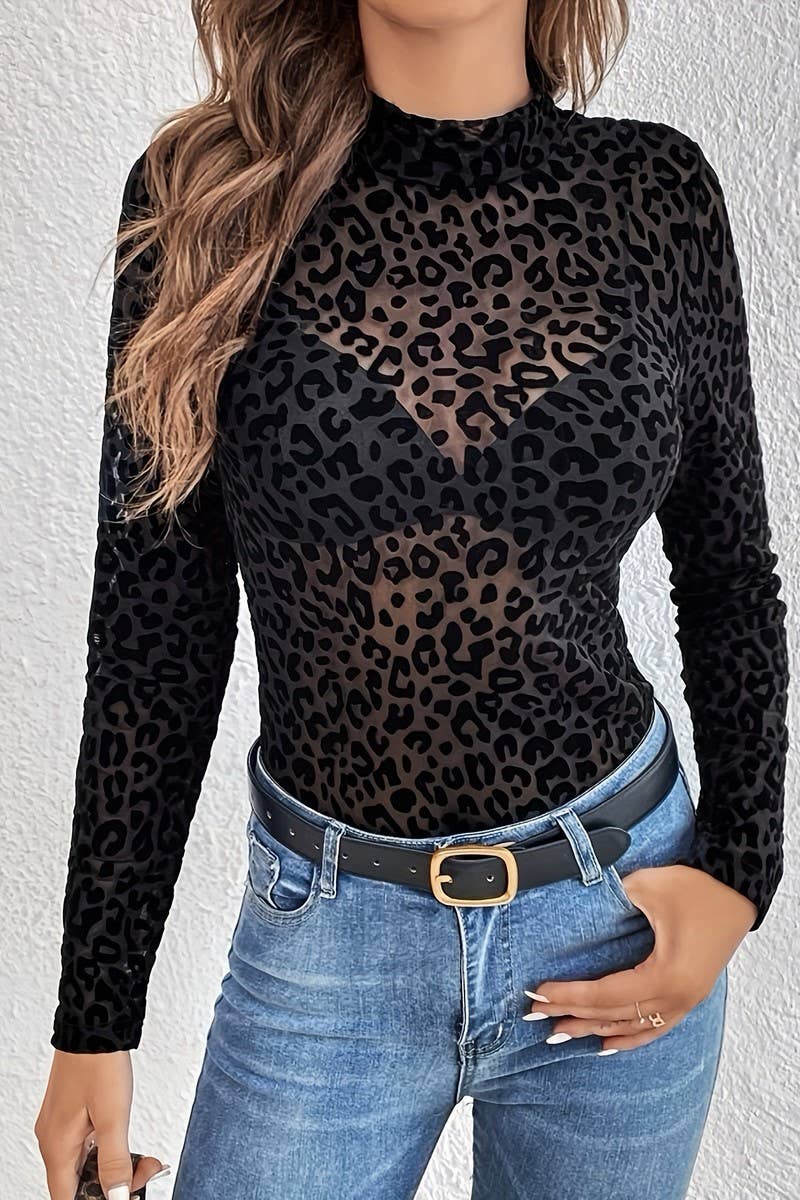 BLACK CWTBLL3466_LEOPARD PRINT STAND COLLAR MESH BOTTOMING TOP for wholesale on Faire