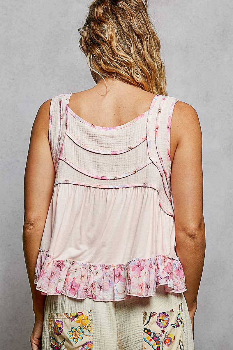Pol Clothing - Wholesale Tank Top - Women's - Square Neck Soft POL Jersey Floral Trim Boho Tank Top13