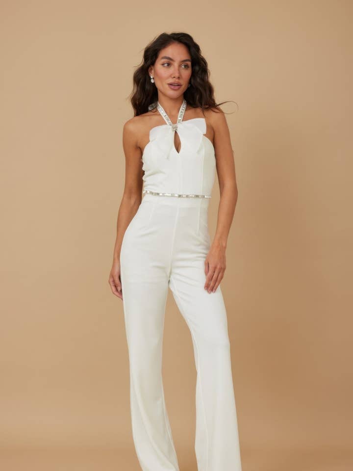 Rhinestone Ribbon Haltered Neck Jumpsuit for wholesale by CC Wholesale Clothing