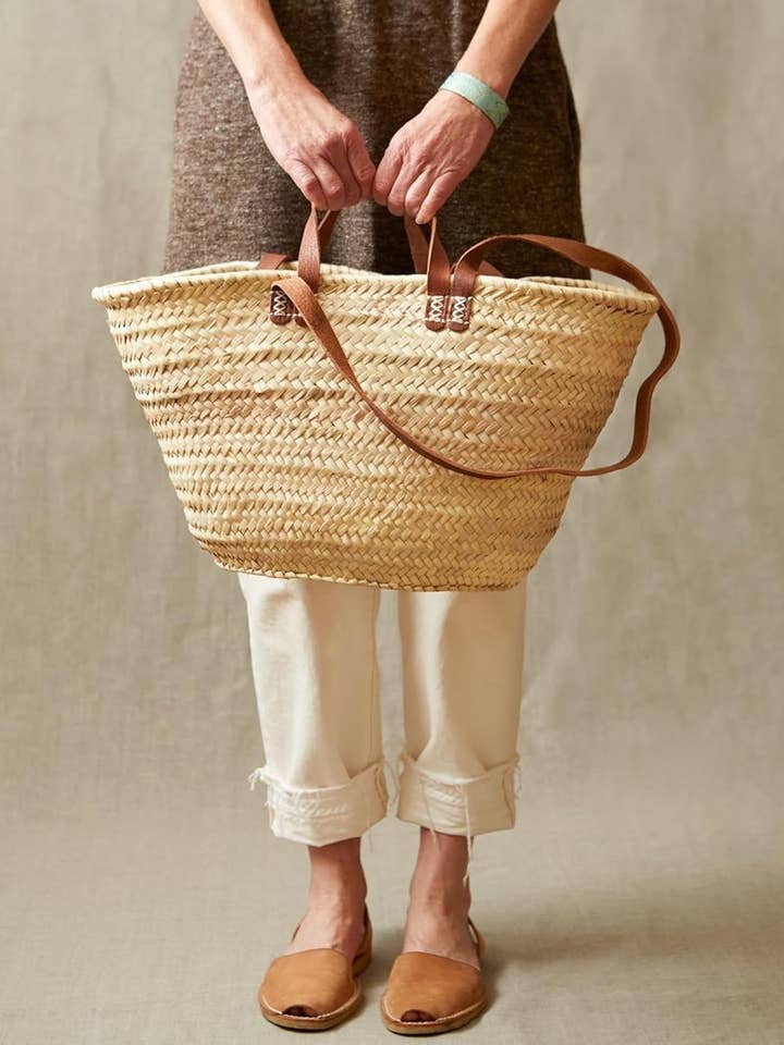 PANIER FRANÇAIS avec poignées en cuir plat double sac de plage pour la vente par Twins Basket