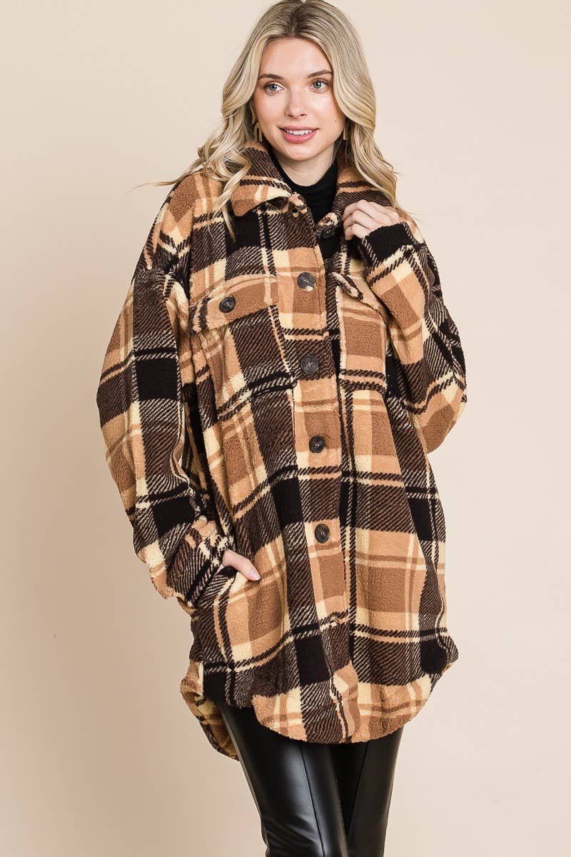 BNS - Wholesale Shirt Jacket/Shacket - Women's - Plaid Print Drop Shoulder Teddy Shacket w/Pockets5