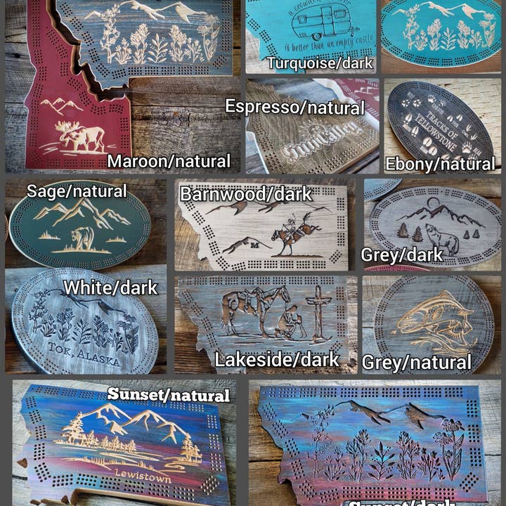 Knotty Pine Woodworks - Wholesale Board Game - Arrowhead cribbage board- Moonlight Mountain Scene