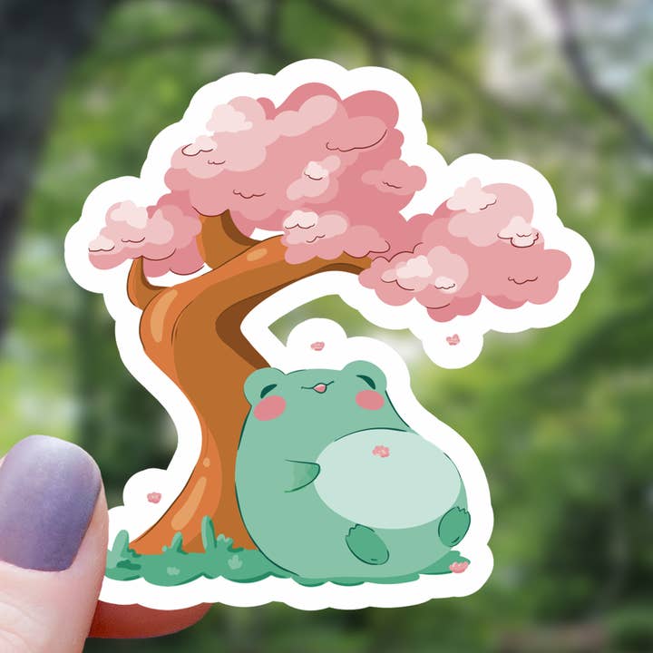 Frog Relaxing Under Cherry Blossom Tree Sticker - 3" for wholesale by Mimic Gaming Co