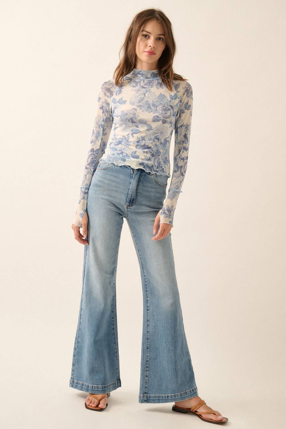 Promesa USA - Wholesale Blouse - Women's - Floral Mesh Mock-Neck Thumbhole Top6