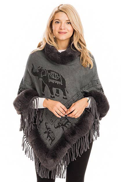 Cap Zone - Wholesale Poncho - Women's - Lucky Elephant Printed Fur Neckline Soft Cozy Poncho0