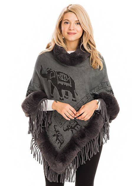 Cap Zone - Wholesale Poncho - Women's - Lucky Elephant Printed Fur Neckline Soft Cozy Poncho