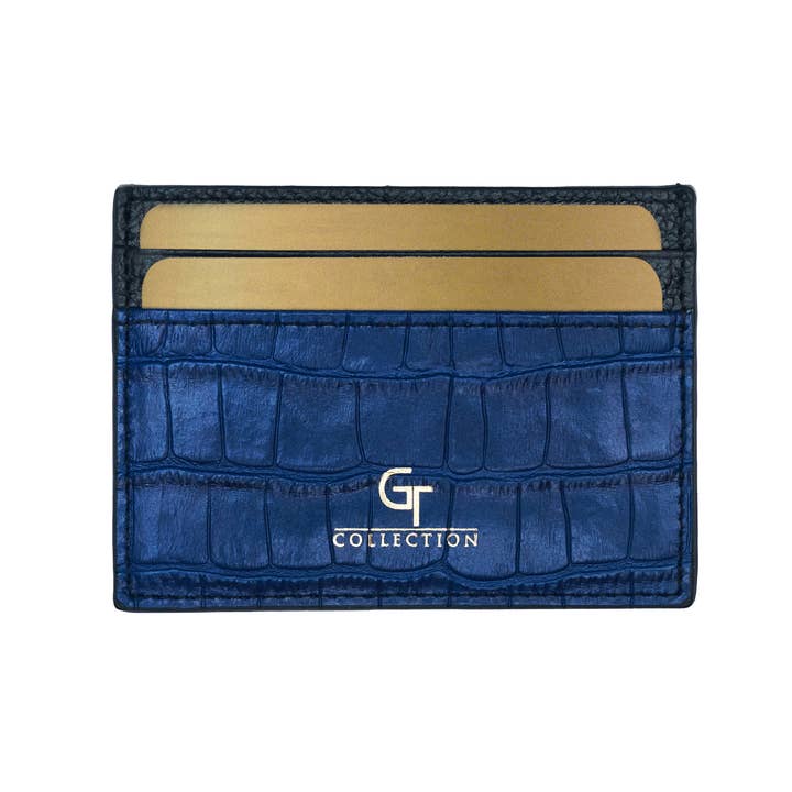 Men's Shiny Croc-Print Card Holder - Blue Genuine Leather for wholesale by GT collection Jewelry