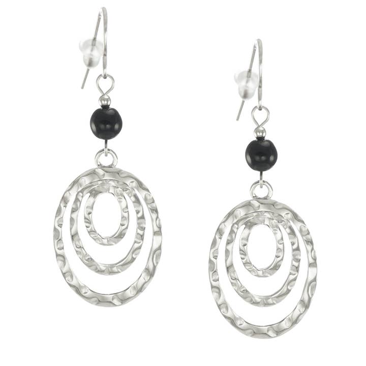 Silver Oval Hammered Drops with Black Beads, Lightweight Boho Statement Earrings, Hypoallergenic Ear Wires, Gift for Her for wholesale by Jewelry by Dawn