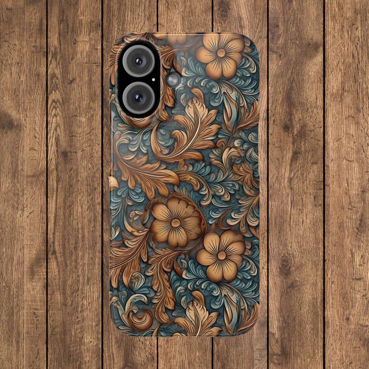 Blue Tooled Leather Western Slim iPhone Case for wholesale by Grassy Creek Designs