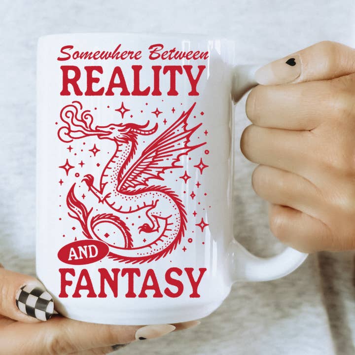 Somewhere Between Reality and Fantasy Book Mug for wholesale by Ace the Pitmatian Co