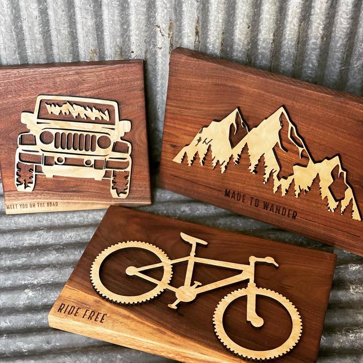 Walnut Wood Adventure Signs // Travel, Jeep, bike, mountains for wholesale by Jus Sayin'