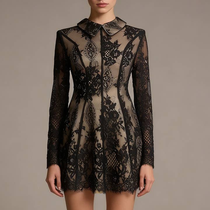 Abito a Linea con Colletto in Pizzo Vintage SY569, Vita Aderente per la vendita all'ingrosso da parte di Sanyao Fashion