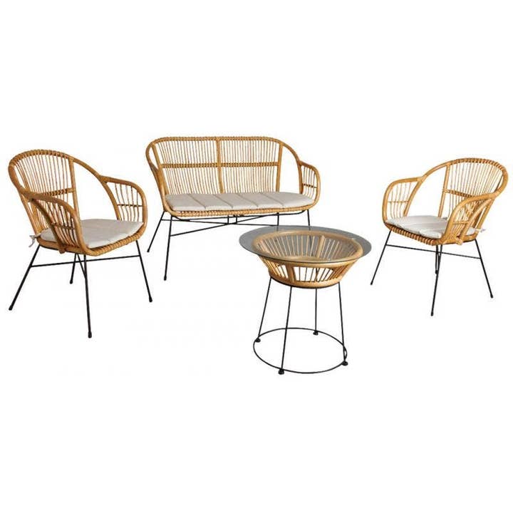 Andalas Lounge aus Rattan mit 2 Sesseln, 2-Sitzer-Sofa und Tisch für den Großhandel von Aubry Gaspard