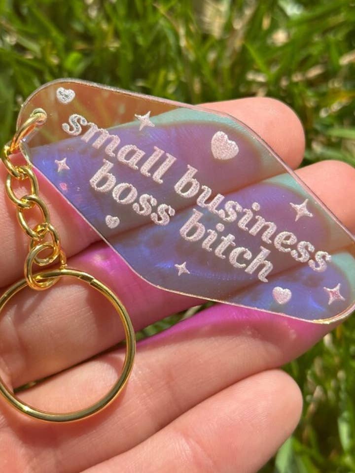 Small Biz Boss Bitch Iridescent Acrylic Motel Style Keychain for wholesale by ShlemonArt