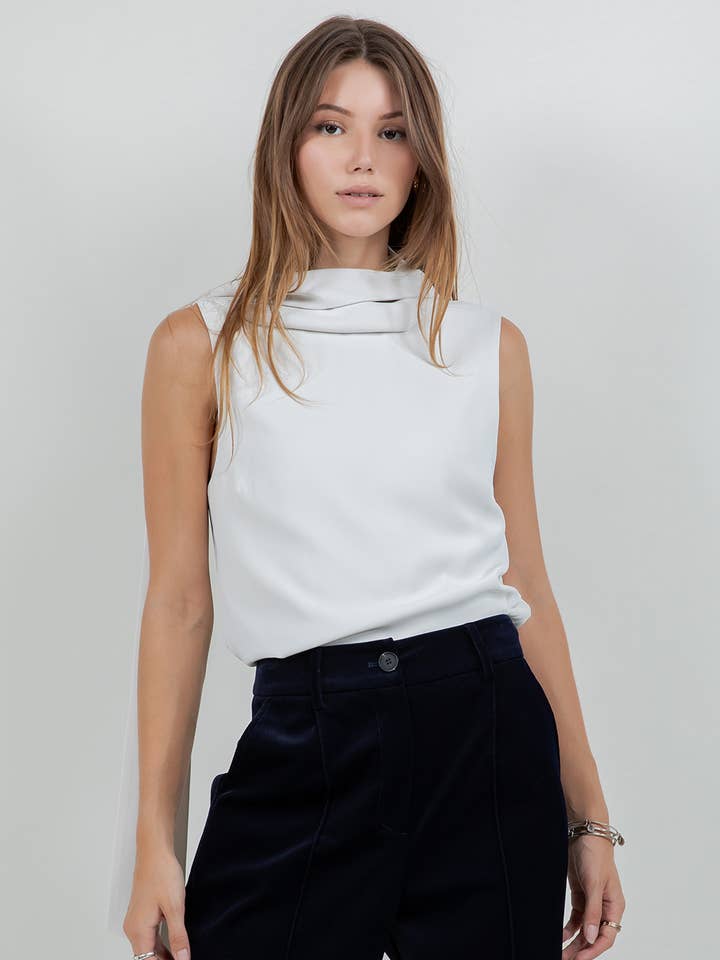 SCARF ATTACHED SOFT WOVEN SLEEVELESS BLOUSE - STONE for wholesale by Whiteroom+Cactus