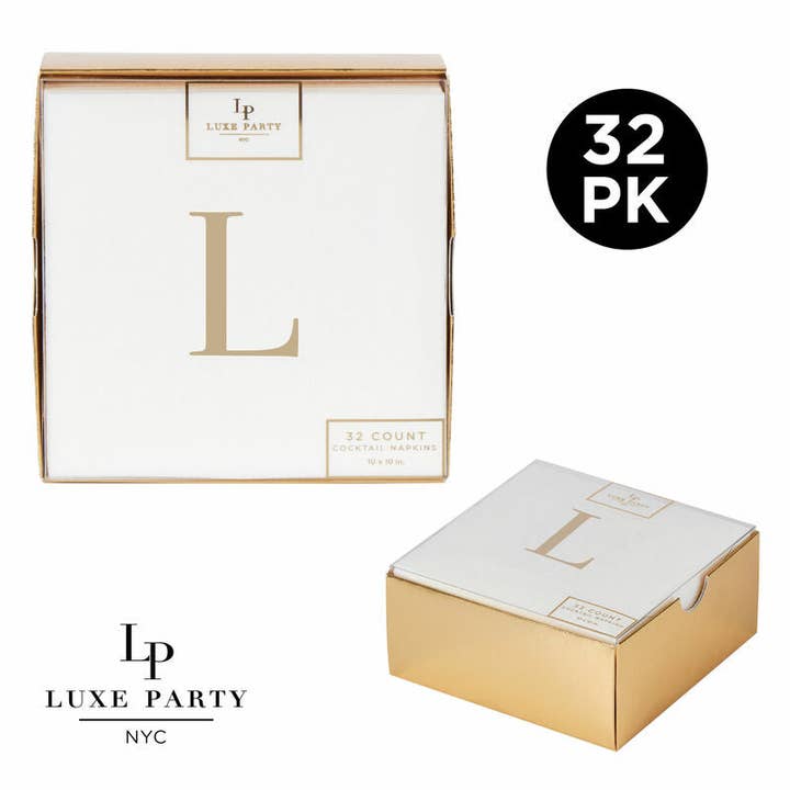 Letter L Gold Foil Monogram Paper Cocktail Napkins with Gift Box | 32 Napkins for wholesale by Luxe Party