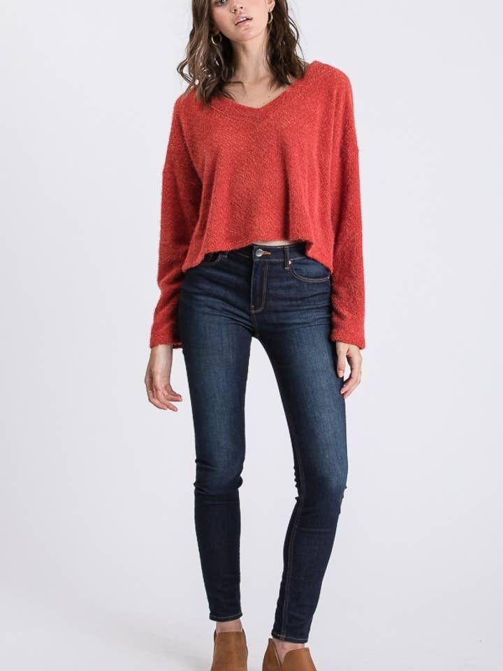 Tres Bien, Inc - Wholesale Knit Sweater - Women's - L/S Crop Vee Neck Fuzzy Sweater