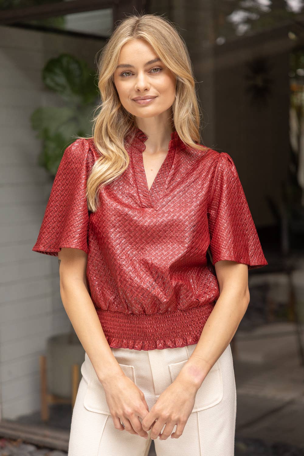 VOY - Wholesale Blouse - Women's - 35926 Smocked Hem and Solid Textured Top2