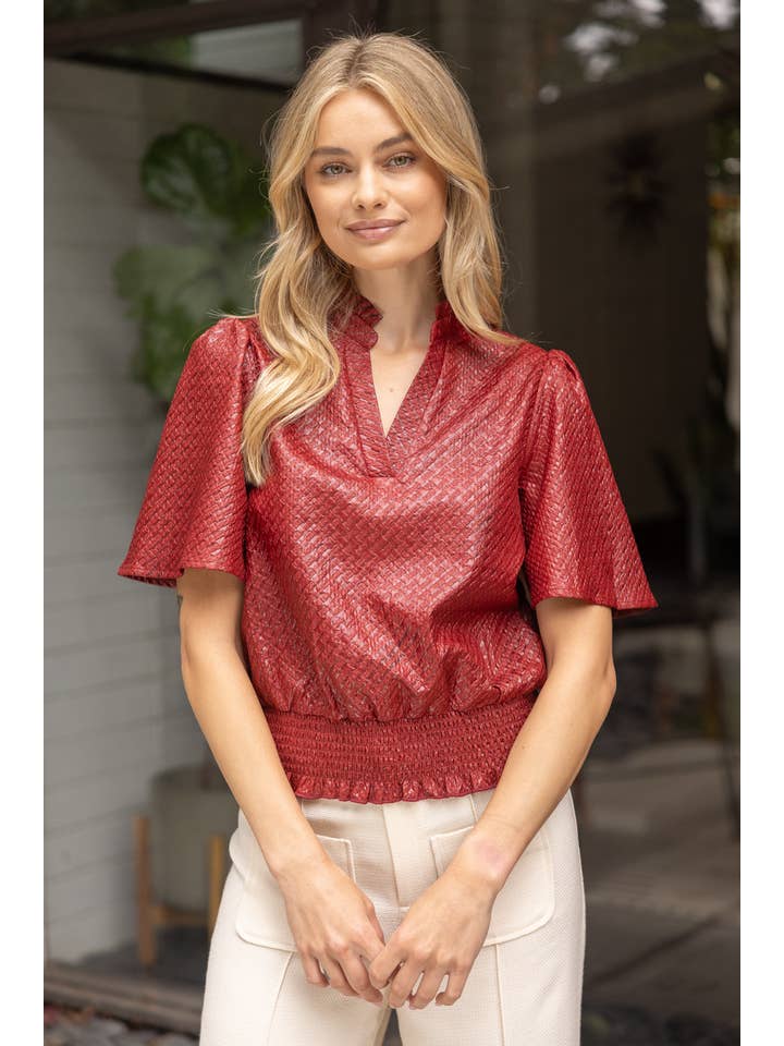VOY - Wholesale Blouse - Women's - 35926 Smocked Hem and Solid Textured Top2