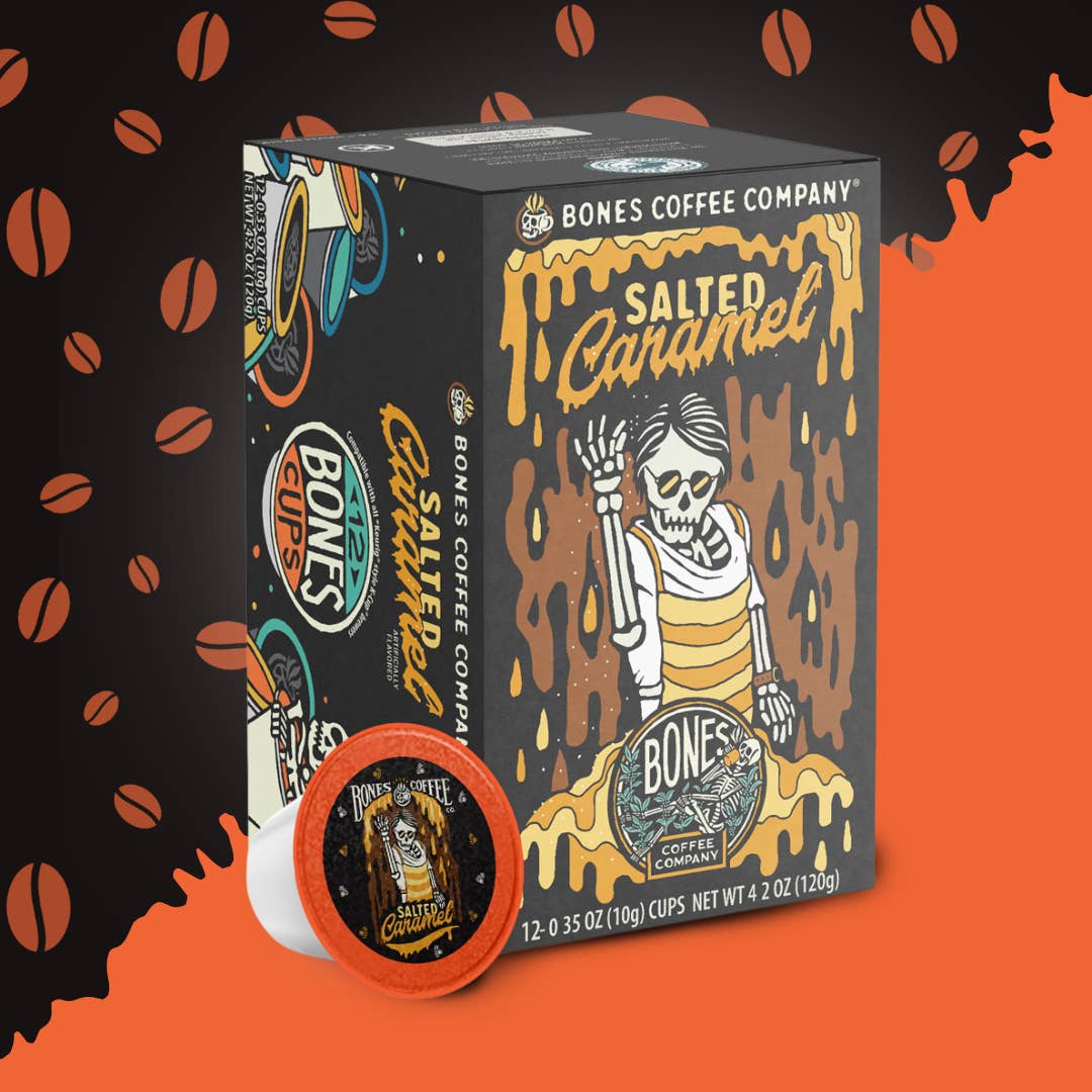 Bones Coffee Company - Wholesale Coffee Pods - Salted Caramel Coffee Pods | 12 Count | Flavored Coffee