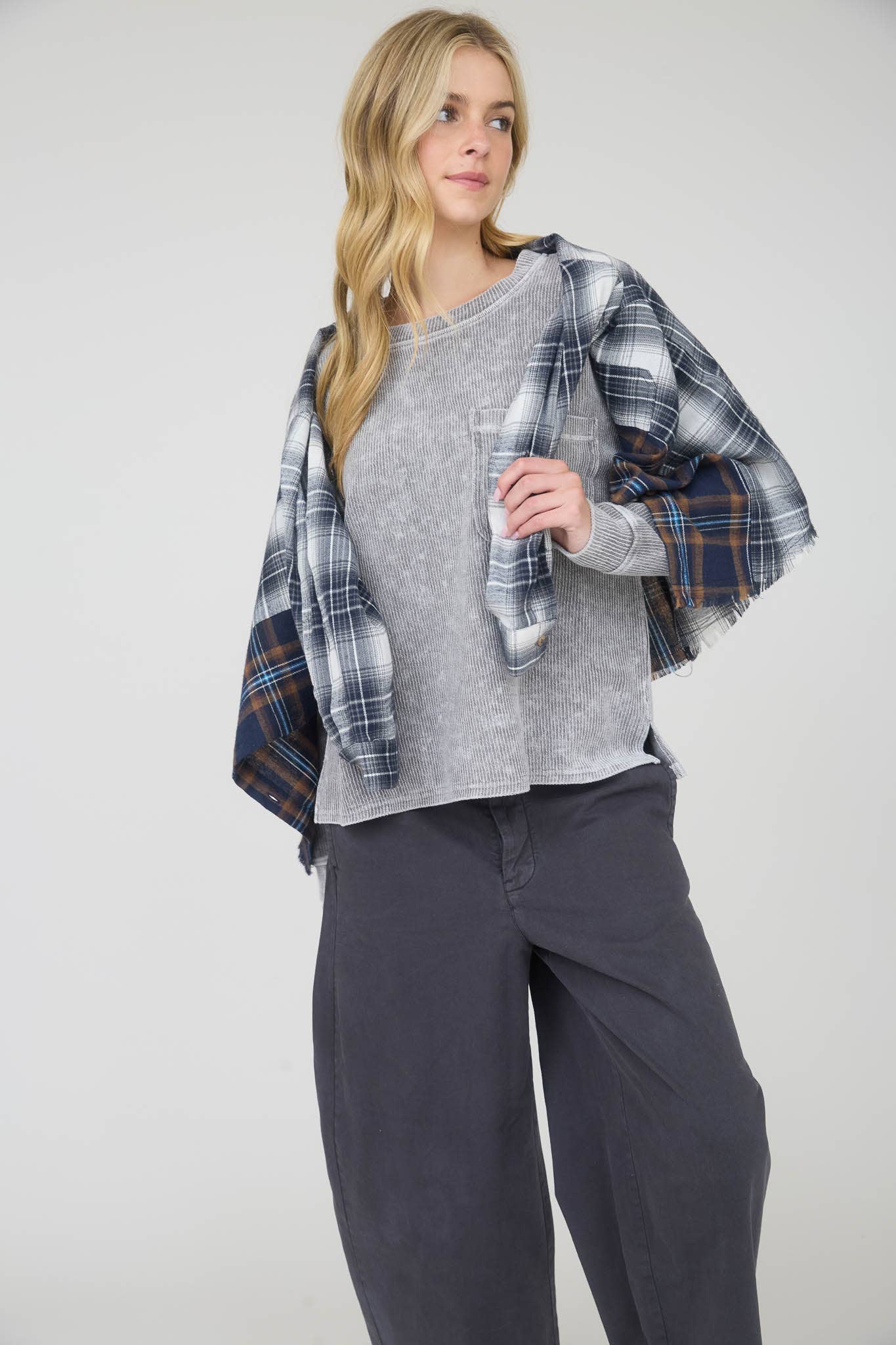 J.O.A - Vente Haut en maille – femme - Haut en maille côtelée à manches longues avec détail de poche délavée15