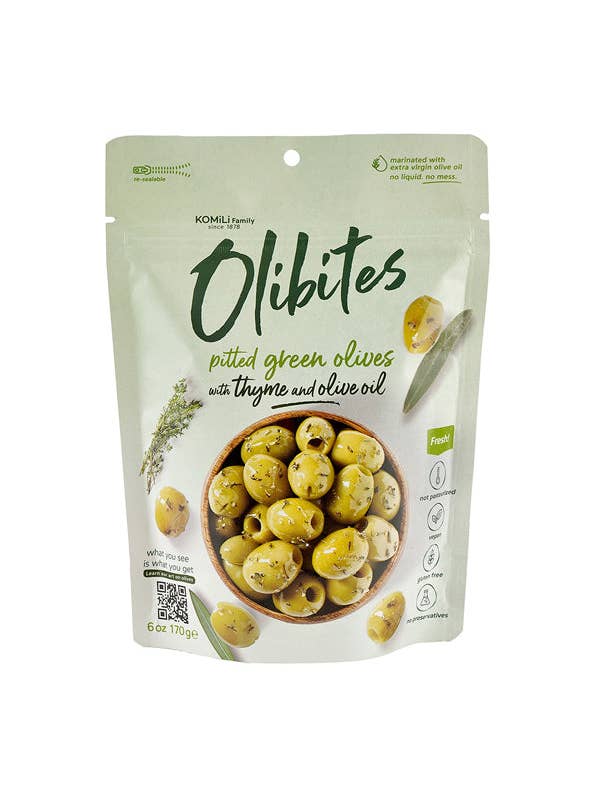 6 oz Pitted Green Olives With Thyme & Olive Oil for wholesale by Olibites by Komili Family