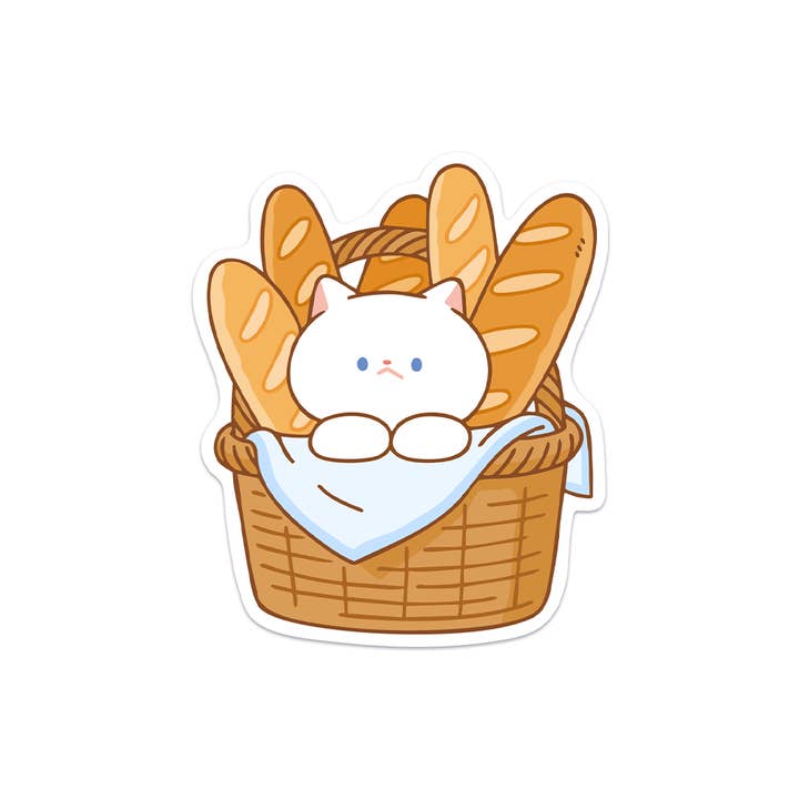 Cat and Baguette Waterproof Vinyl Sticker for wholesale by Meowashi Studio