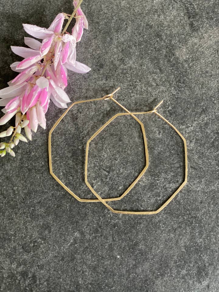Gold or Silver Octagon Hammered Thin & Large Hoop Earrings for wholesale by Adorn