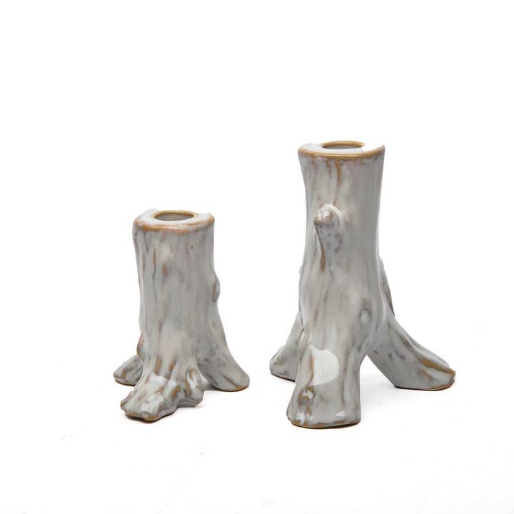 WHITE Rustic Tree Branch Ceramic Candle Holders - Set of 2 Gray Glazed Candlesticks for Farmhouse and Mode for wholesale on Faire