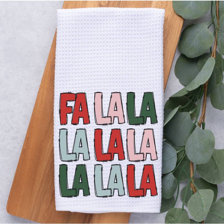 Fa La La La Christmas Trees Waffle Weave Kitchen Dish Towel for wholesale by Painted Skies