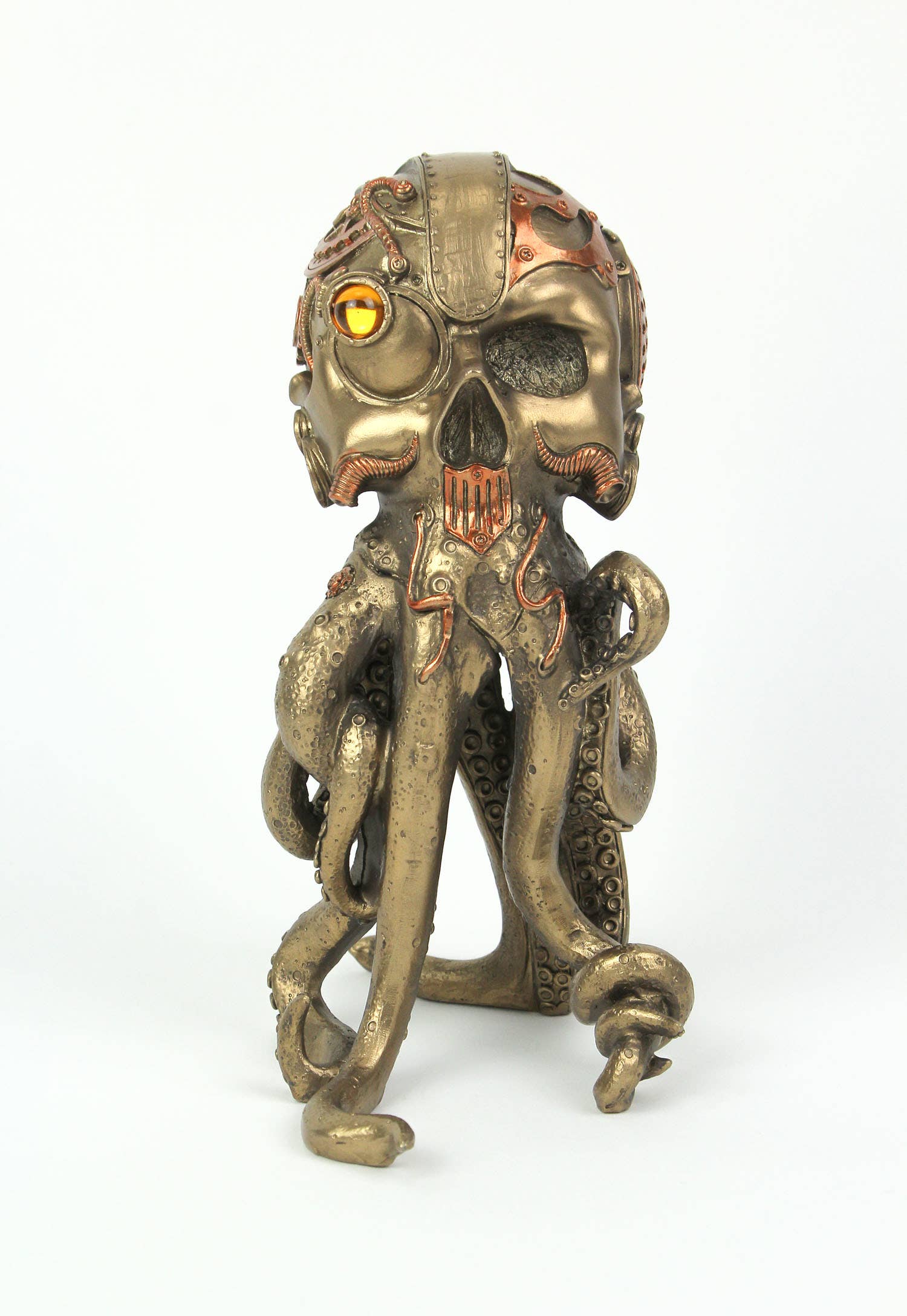 Zeckos - Venta al por mayor Figura decorativa - Estatua de pulpo y cráneo humano steampunk con acabado en bronce y cobre2