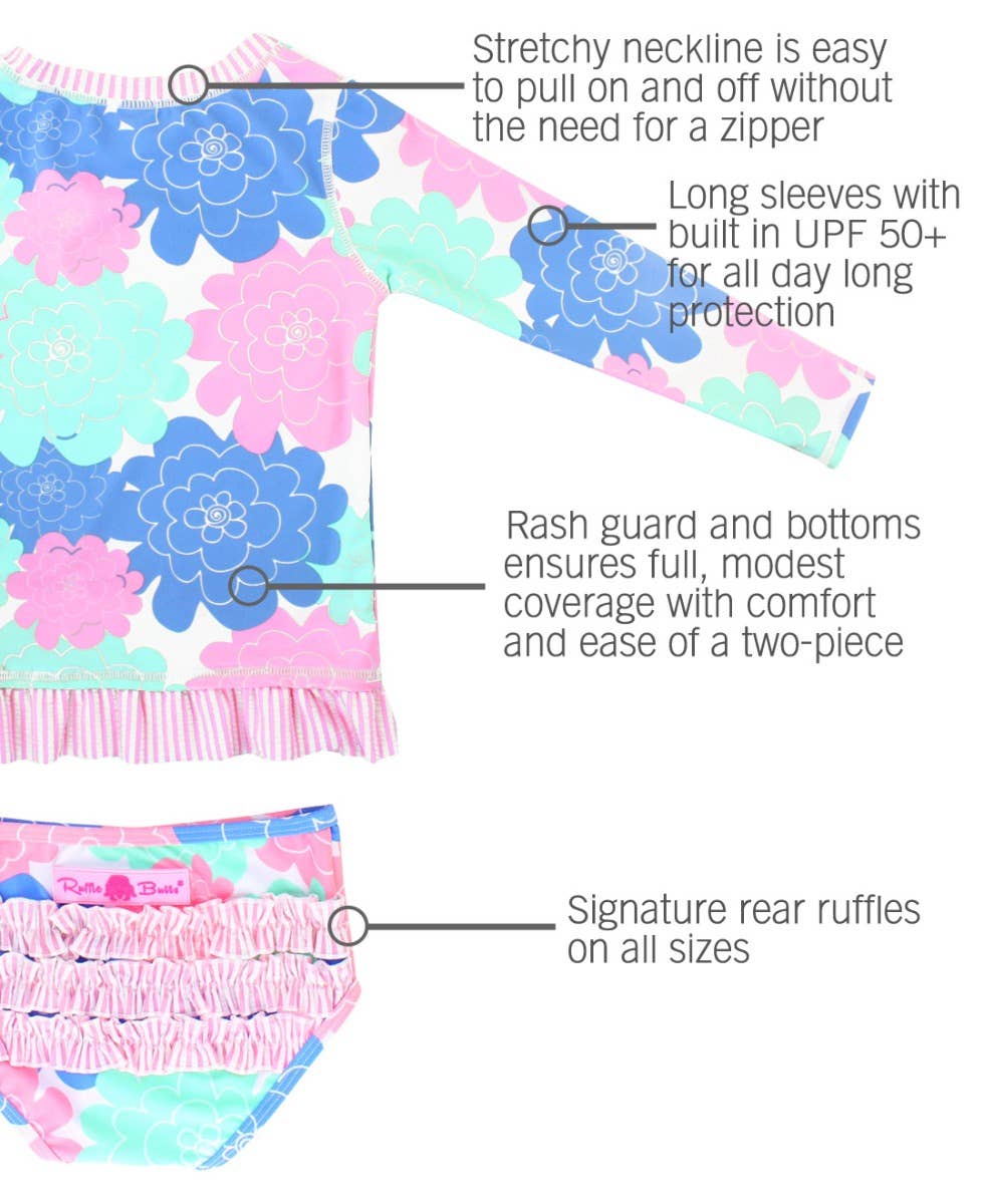 RuffleButts + RuggedButts - Wholesale Rashguard - Kids - Girls Pastel Petals Long Sleeve Rash Guard 2-Piece Swimsuit with Signature Rear Ruffles10