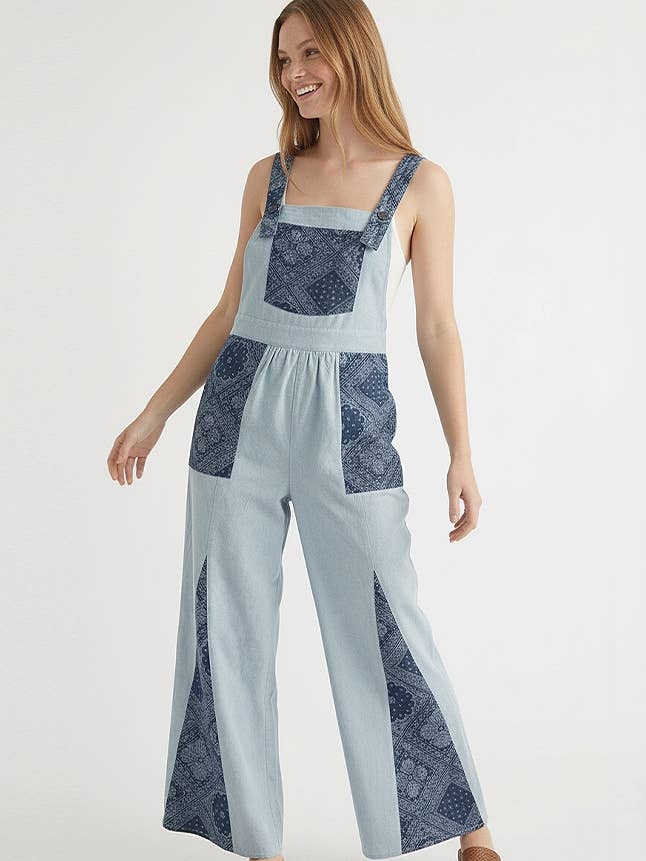 DENIM OVERALLS WITH BANDANA PRINT CONTRAST for wholesale by Kori America