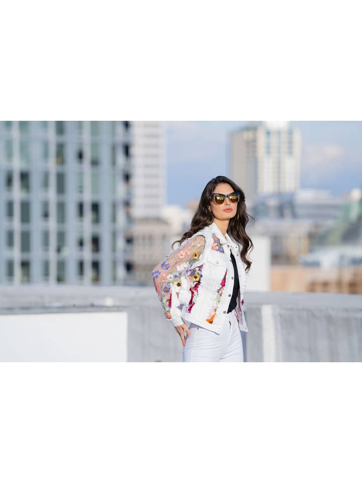 Adore - Wholesale Denim Jacket - Women's - 2406W - White Denim Jacket with Floral Embroidery