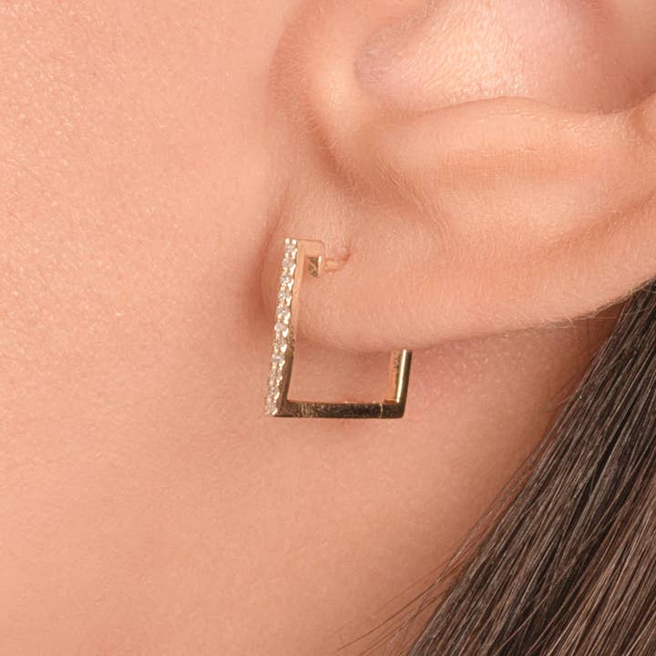 14 K Solid Gold Square Diamond Hoop Earring / Square Pave' Diamond Dainty Hoops / Valentine's Day Gift for Her / Bridesmaid Gift for wholesale by SHREE DIAMOND GEMS AND JEWELS