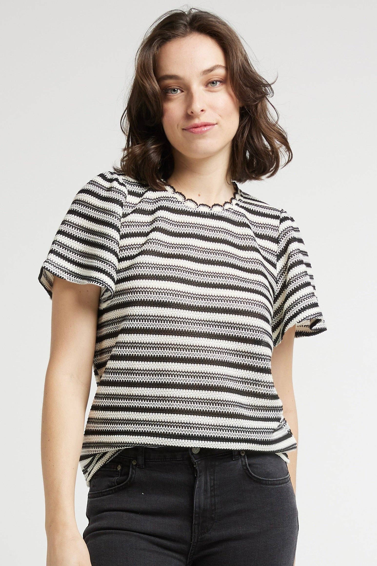 BLACK TERRY - Striped openwork knit T-shirt for wholesale on Faire4