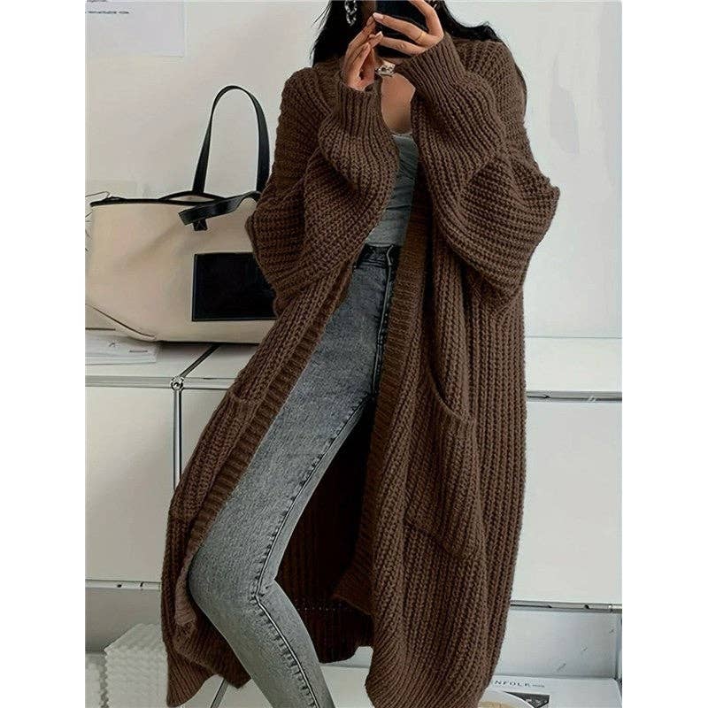 Plush Looks - Wholesale Cardigan - Women's - Thick Mid-Length Loose Knit Sweater Coat3