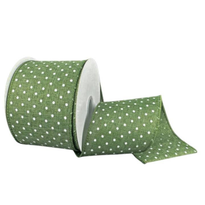 2.5 Inch Fern Green Linen with White Swiss Dots Ribbon 42675-40-52 for wholesale by Trendy tree