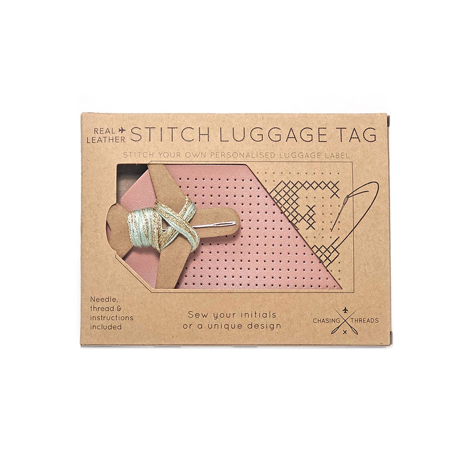 Chasing Threads - Wholesale DIY Craft Kit - DIY Cross Stitch Luggage Tag kit - Pink with red thread3