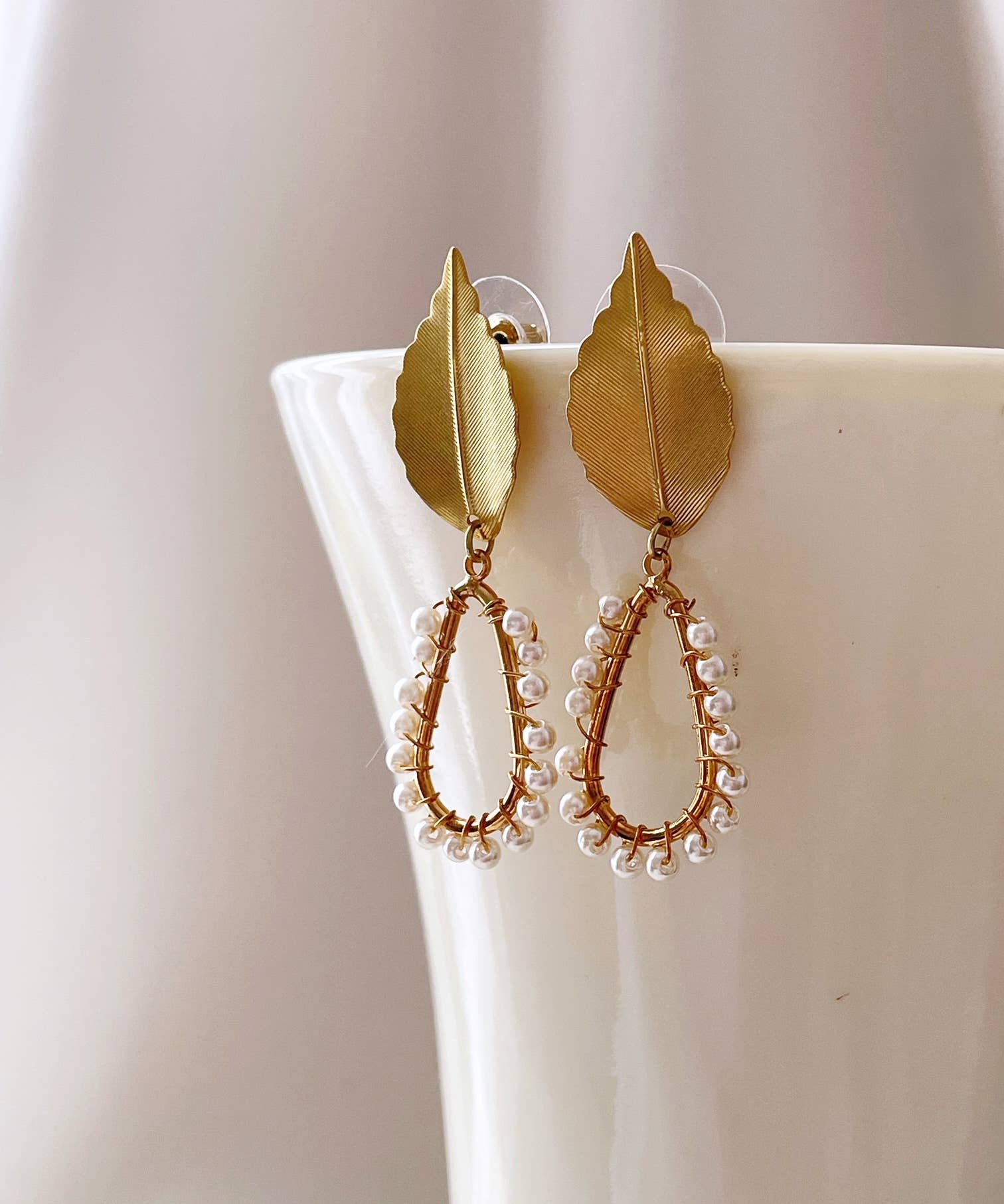Pearl and Ivy Studio - Wholesale Dangle Earrings - Brass leaf earrings faux pearl drops2