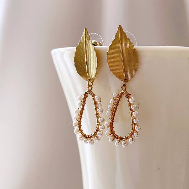 Pearl and Ivy Studio - Wholesale Dangle Earrings - Brass leaf earrings faux pearl drops2