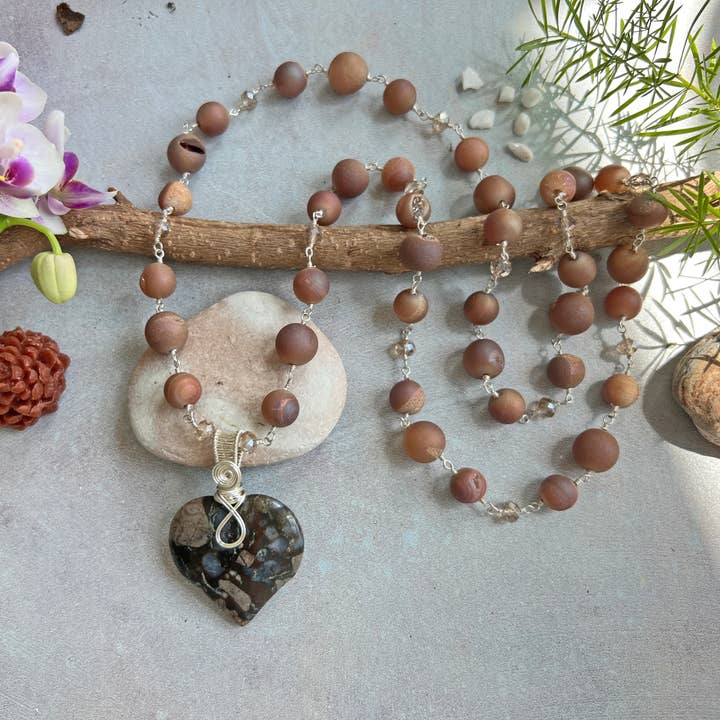 Agate Druzy Necklace with Rhodonite Heart Pendant for wholesale by IST Jewelry
