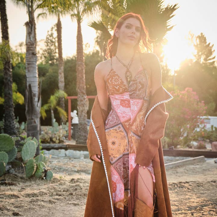 MULTI 37146D Patchwork Asymmetrical Fringe Hem Maxi Dress for wholesale on Faire0